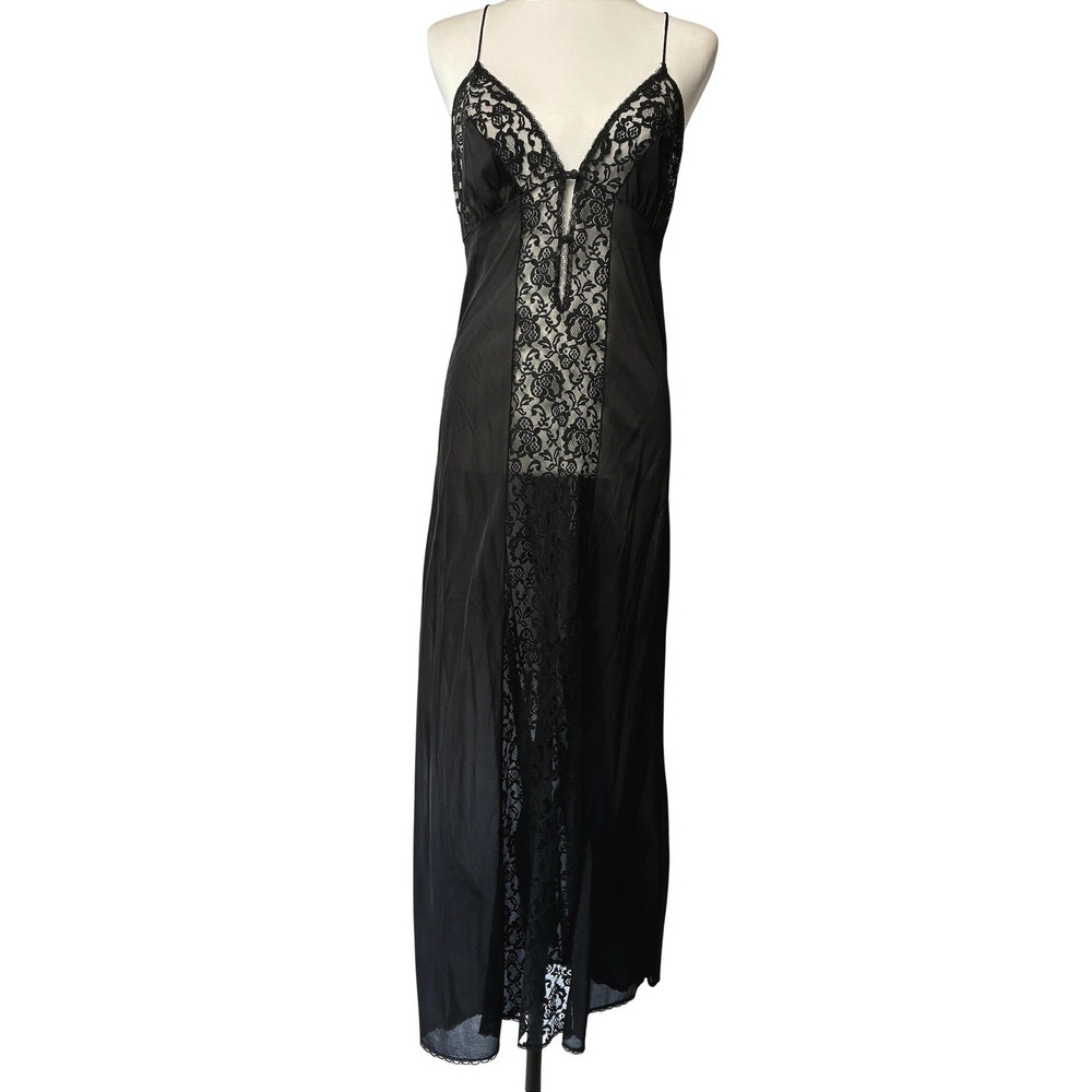 VTG Kayser Black Lace Maxi Nightgown Negligee Dress Nylon Dark Romantic